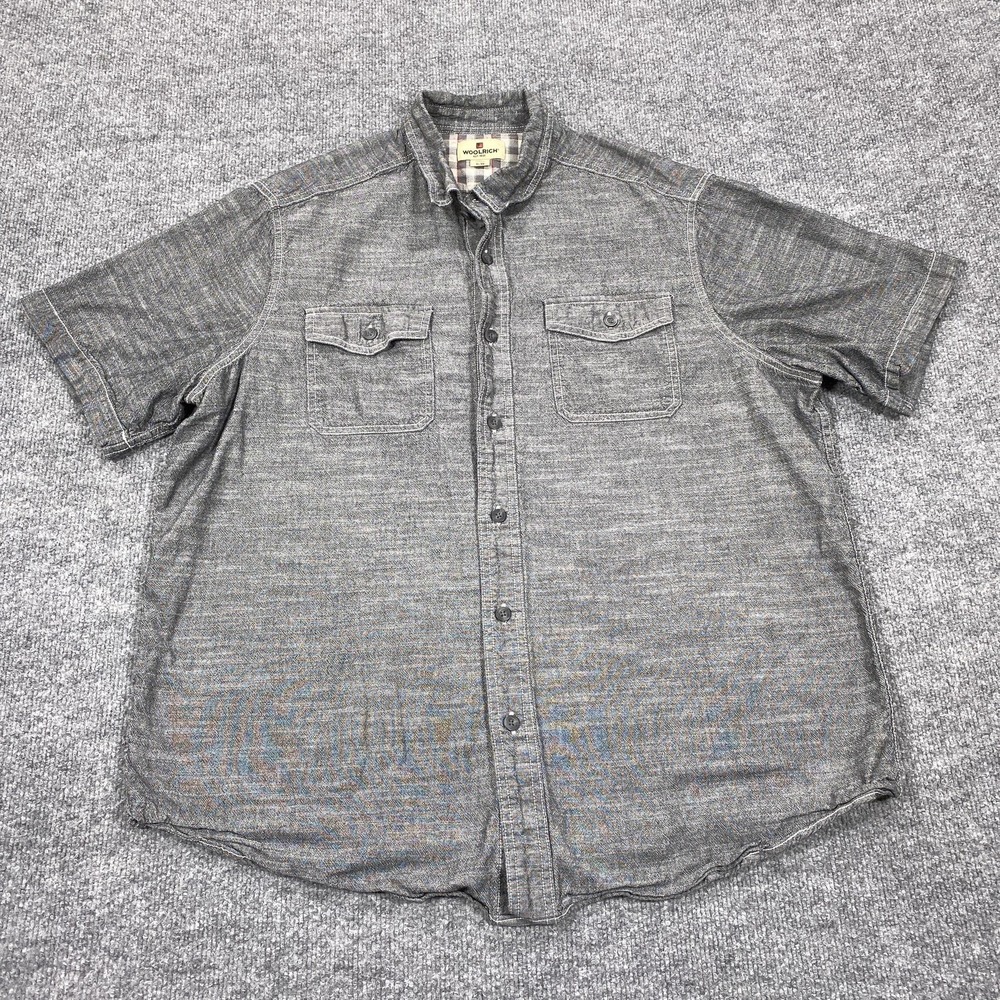 Woolrich Shirt Men XL Gray Chambray Short Sleeve Button Up Casual Pockets